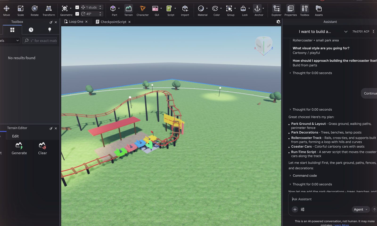 Roblox Studio with the Assistant panel showing a Continue button after the response exceeded the maximum output length, and the plan it produced afterwards