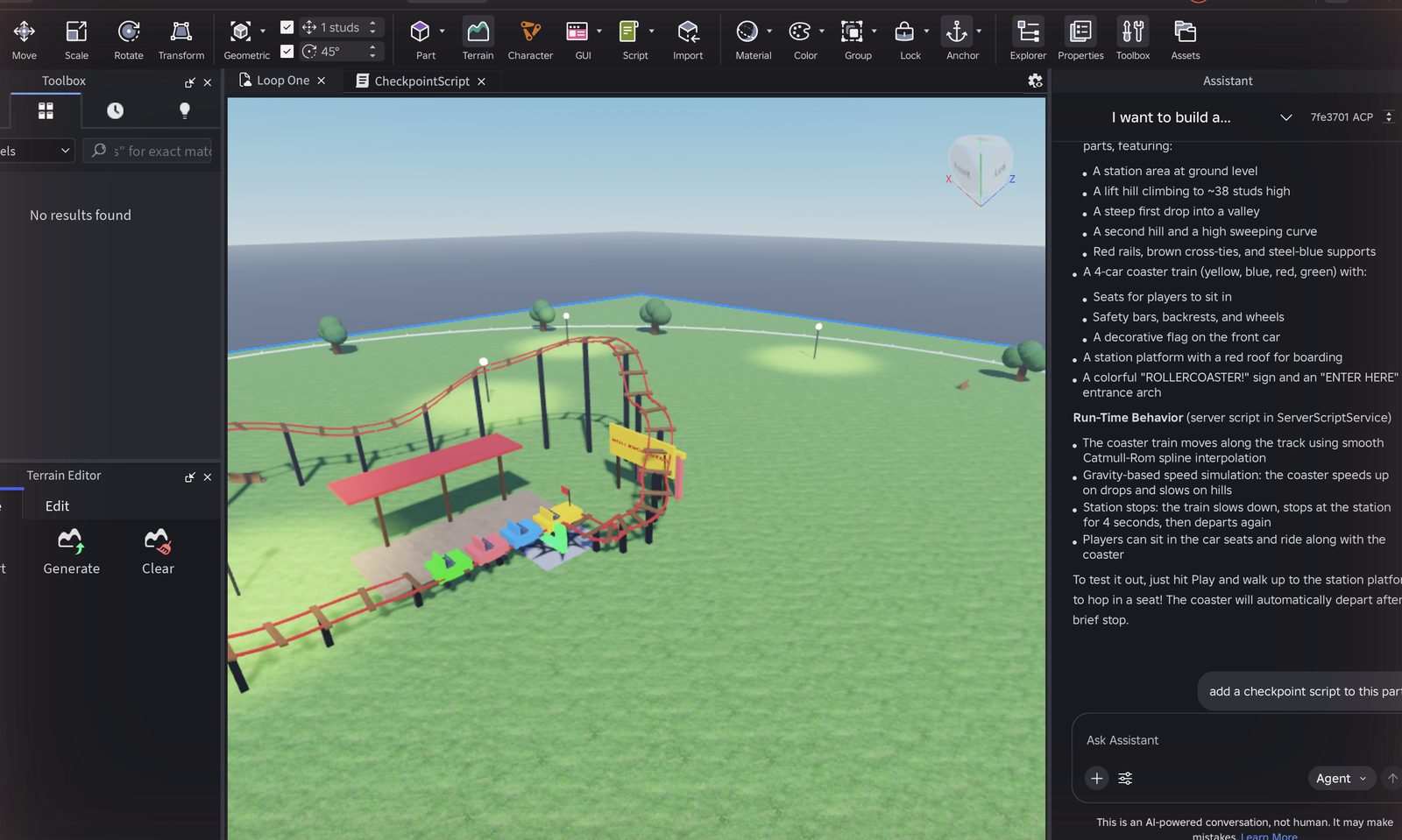 The finished amusement park: red coaster track, four-car train, station, sign, trees and lamp posts, with the Assistant summary saying to hit Play