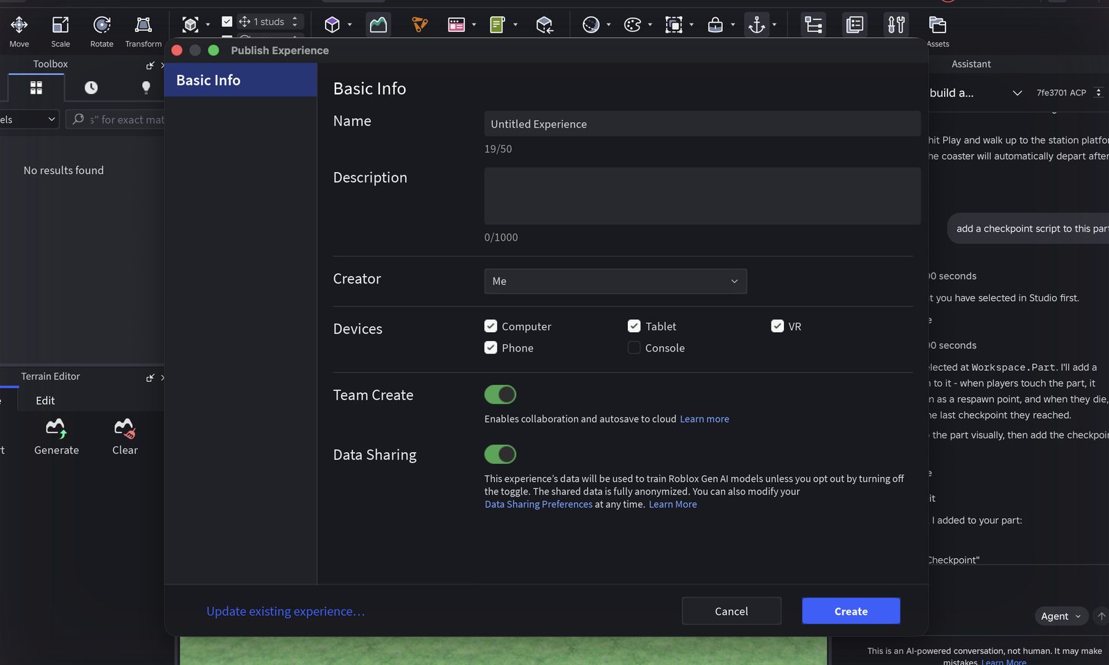 Publish Experience dialog with name, description, creator, devices, Team Create and Data Sharing fields, and no audience field