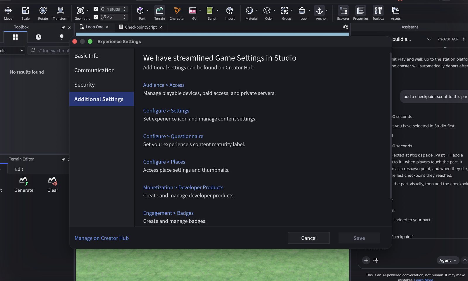Experience Settings, Additional Settings tab, stating that further settings such as Audience and Access live on Creator Hub