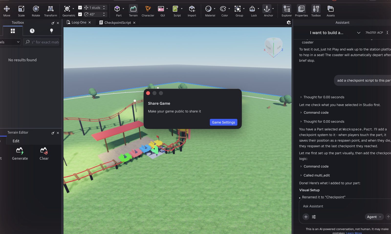 Share Game window in Studio reading Make your game public to share it, with a Game Settings button